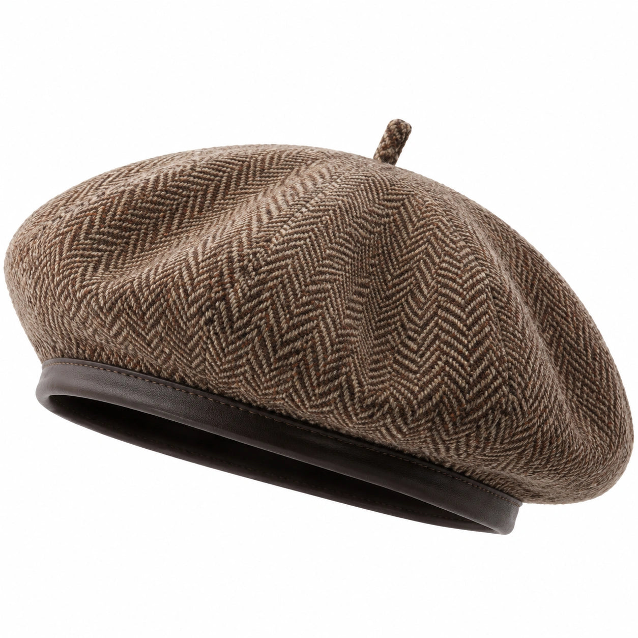 Basco unisex taglia unica in tessuto marrone a spina di pesce - stile classico