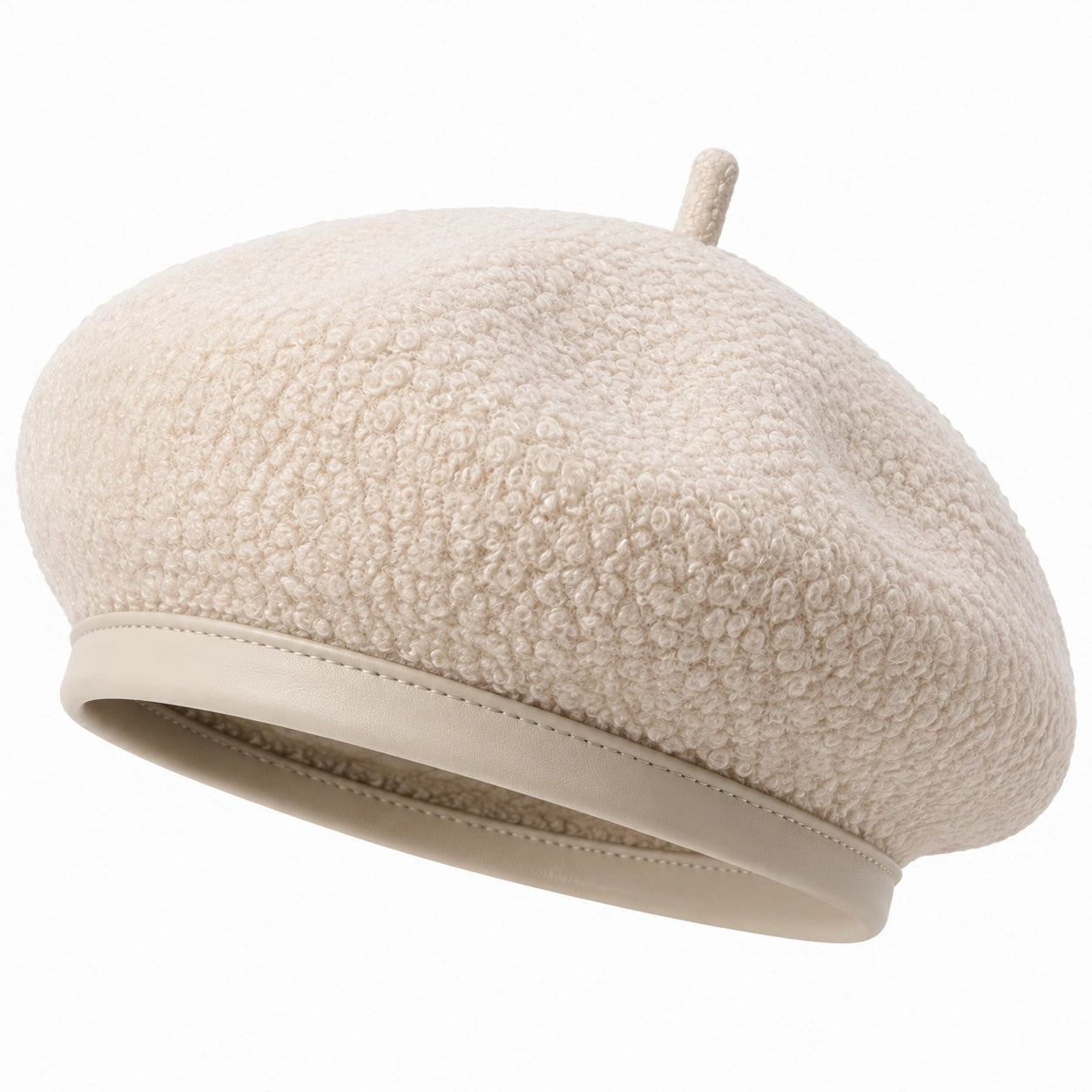 Basco taglia unica in tessuto bouclé beige con bordo effetto pelle