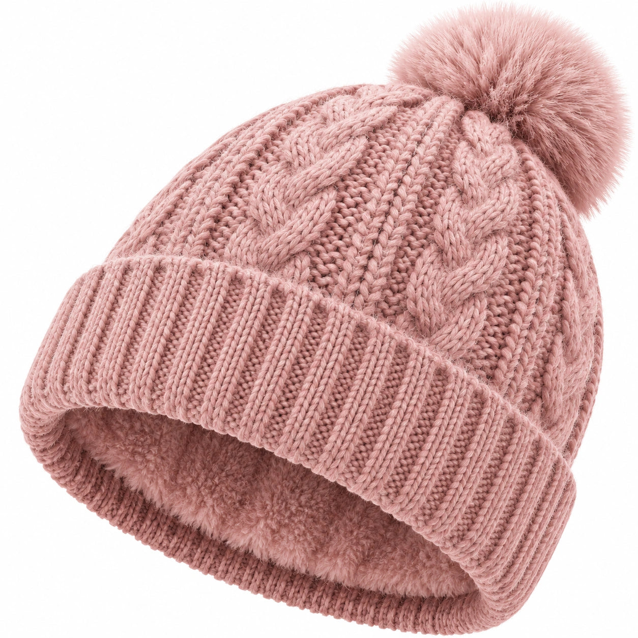 Berretto in maglia taglia unica rosa con pompon e fodera calda