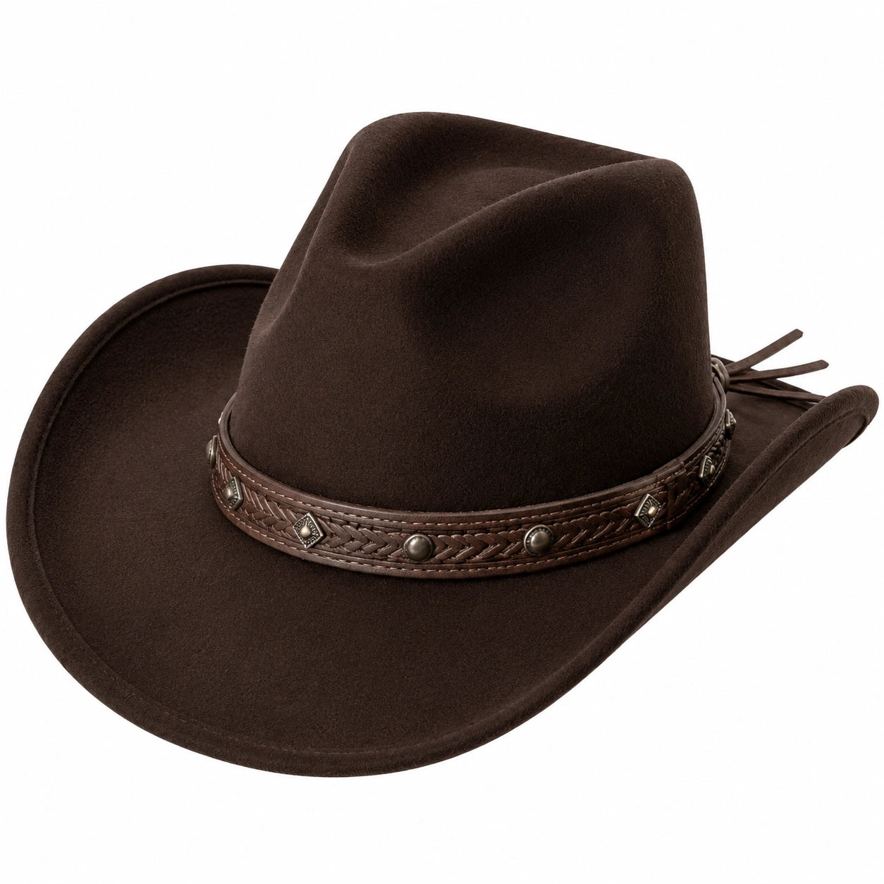 Cappello cowboy taglia unica in tessuto effetto feltro marrone con fascia decorativa stile western