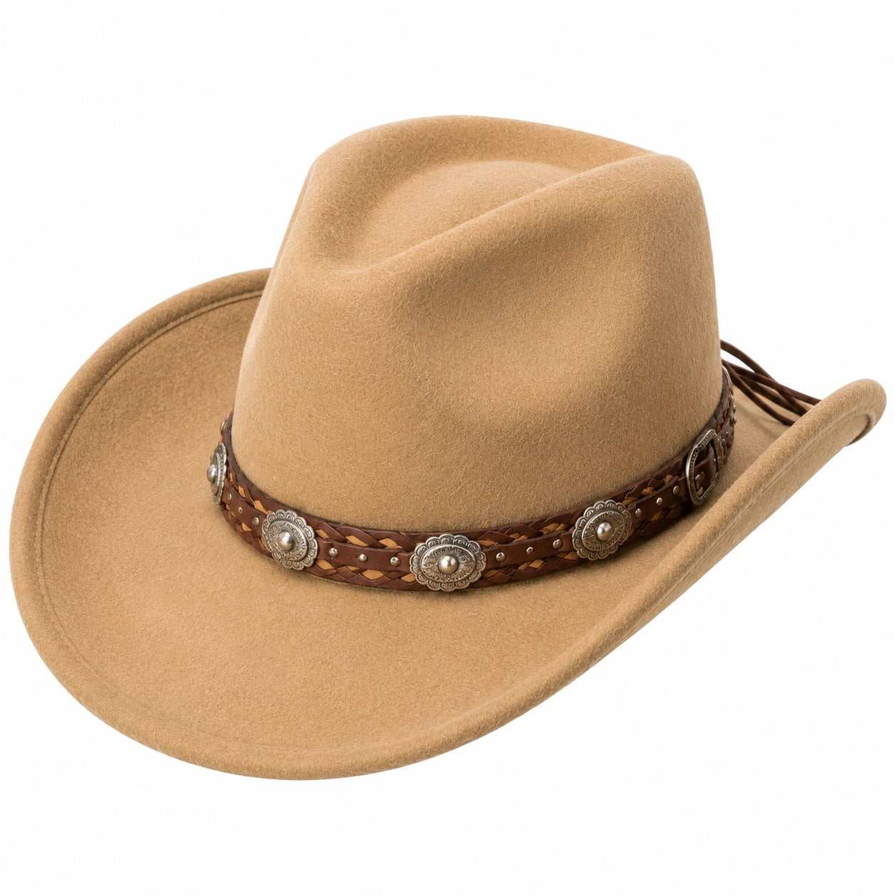 Cappello da cowboy taglia unica beige in tessuto effetto feltro con fascia decorativa stile western